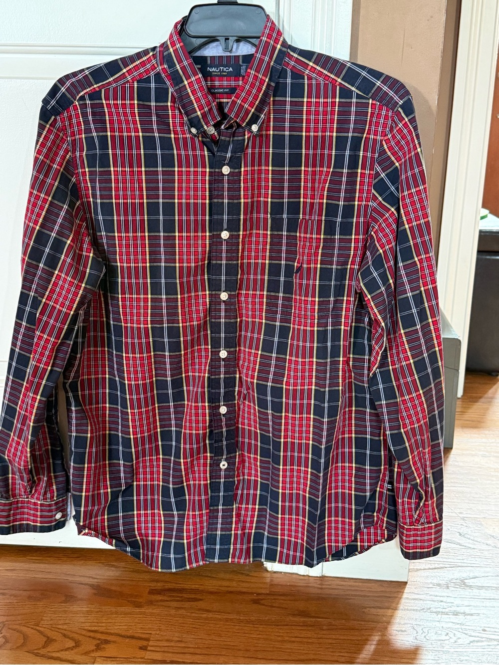 Nautica Men’s Red & Navy Plaid Button-Down Shirt